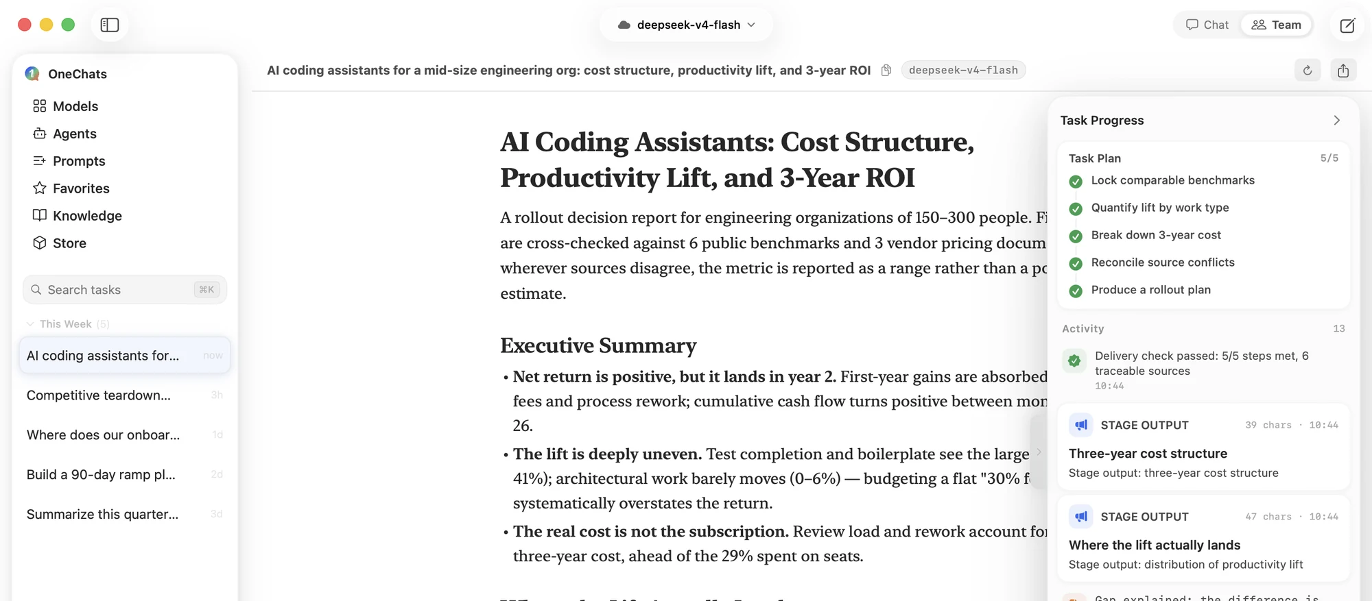 OneChats Agent Team on macOS — a cited research report beside the live task-progress panel