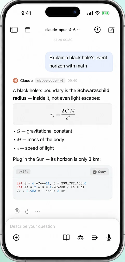 OneChats on iPhone rendering math and code
